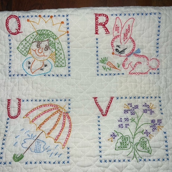 Vintage Cross-Stitch Alphabet Baby Quilt – 1970 – 38” x 56 - Picture 8 of 13